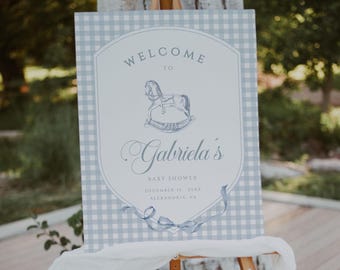 Welcome Sign Baby Shower Template, Rocking Horse Decor, Custom Printable Sign, Dusty Blue Elegant Classic Boy's Baby Shower