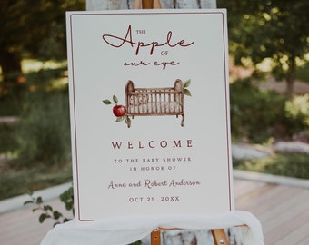 Editable The Apple of Our Eyes Baby Shower Welcome Sign | Minimalist Apple Party Poster | Crib Apple Picking Invite Fall Baby Shower Winter