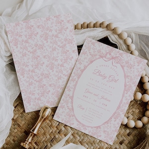 Elegant Toile Baby Shower Invitation Template, Dusty Pink Floral Bow Design, Coquette Chinoiserie Cottagecore Style - French Invite Editable
