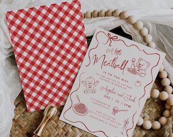 Edytowalny szablon zaproszeń na baby shower z klopsikami, personalizowany, ręcznie rysowany miś z włoskim jedzeniem do pobrania w wersji cyfrowej