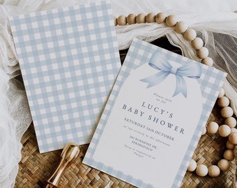 Editable Blue Gingham with Bow Baby Shower Invitation | Elegant Classic Gingham Boy Baby Shower Invite Evite | Printable Invitation Template