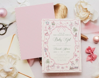 May include: A baby girl announcement card with a pink and white striped backing, surrounded by decorative elements. The card features a bow and illustrations, with text that reads "'Tis the Reason for a Baby Girl". Other items include scissors, ribbons, and flowers.