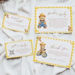 Bundel met babyshowerkaarten voor baby in aanbouw | Gele gingang babyshower bedankkaart | Afdrukbare vrachtwagensjabloon bewerkbaar