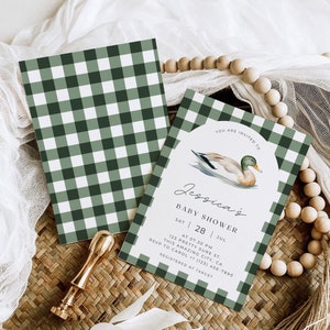 Editable Mallard Duck Green Gingham Baby Shower Invitation | Elegant Classic Gingham Boy Evite | Duck Hunting Baby Shower Invite