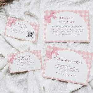 Bearbeitbare rosa Schleife mit Gingham-Babypartykarten für Vorlagen einladen | Mädchen-Babyparty | Danke-Karte | Schleife Coquette Bow
