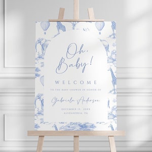 Letrero de bienvenida para baby shower editable en Toile de Jouy azul - Decoraciones de safari en azul polvoriento - Plantilla digital de chinoiserie con globo aerostático