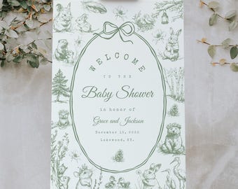 Welcome Sign Vintage Rustic Hand Drawn Woodland - Forest Animals Grandmillenials, Sage Olive Green Deer, Bunny Baby Shower Editable Template