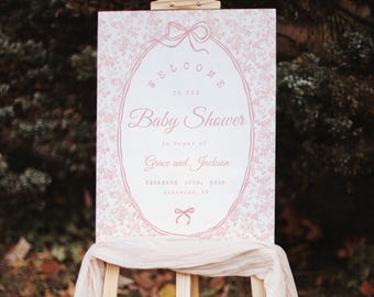 Elegant Toile Baby Shower Welcome Sign Template, Dusty Pink Floral Bow Design, Coquette Chinoiserie Cottagecore Style - French Editable