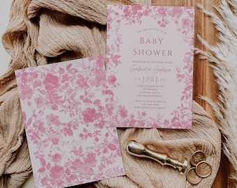 Pink Toile de Jouy Baby Shower Invitation Elegant Chinoiserie Pink Floral Baby Shower Invitation French Toile Invite Editable Template CH02