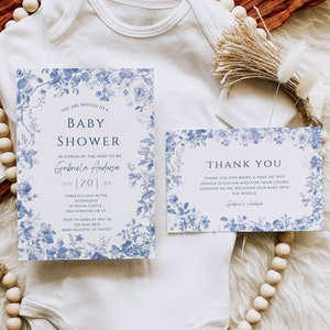 Bewerkbare blauwe babyshower uitnodiging chinoiserie blauwe bloemen Victoriaanse babyuitnodiging bedankkaart Franse Toile de Jouy baby in bloei CH01