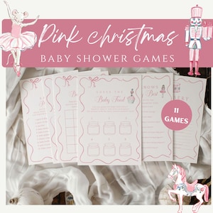 May include: Pink Christmas baby shower games. The design features a pink banner with the text "Pink Christmas" and "Baby Shower Games." The games include a "Guess the Baby Food" game and other games. The image includes illustrations of a ballerina mouse, a nutcracker, and a carousel horse.