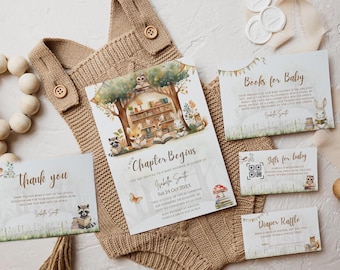 Storybook Baby Shower Editable Template Set | A New Chapter Begins | Books for Baby | Diaper Raffle Instant Download Woodland Forest