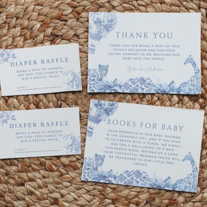Elegante Toile de Jouy Azul Livros de Chá de Bebê para Bebê, Cartão de Agradecimento, Sorteio de Fraldas Chinoiserie Balão de Ar Quente Animal Safari, Editável