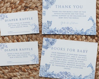 Elegant Blue Toile de Jouy Baby Shower Books for Baby, Thank You Card, Diaper Raffle Chinoiserie Hot Air Balloon Safari Animal, Editable