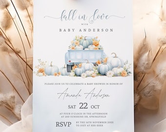 Editable Falling in Love Baby Shower Invitation and Evite | Dusty Blue | Fall in Love Pumpkin Baby Shower Invite | Little Pumpkin on the Way
