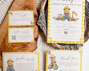 Baby Under Construction Teddy Bear Baby Shower Invitation Bundle | Yellow Gingham Baby Shower Invite | Printable Trucks Template Editable