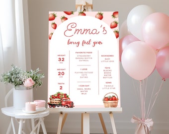 Quadro editável do marco do meu primeiro aniversário da Berry | Meu primeiro ano |Meu primeiro aniversário de Berry| Modelo Canva | Sinal de marco de morango