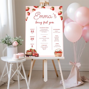 Editable Mi tablero de hitos del primer cumpleaños de Berry / Mi primer año / Mi primer cumpleaños de Berry / Plantilla Canva / Signo de hito de fresa