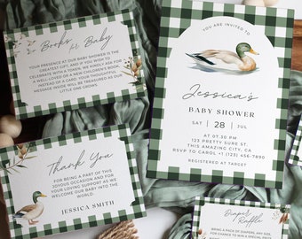 Editable Mallard Duck Green Gingham Baby Shower Invitation Bundle | Elegant Classic Gingham Boy Evite | Duck Hunting Baby Shower Invite
