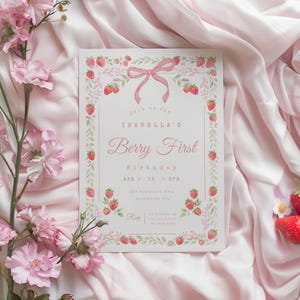 Berry First Birthday Invitation, Grandmillennial with Bow Gingham Strawberry Template, Editable 1st Birthday Invite, Instant Download