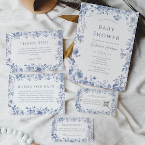 Toile de Jouy Blue Baby Shower Invite Bundle Elegant Chinoiserie Blue Floral Baby Shower Invitation Blue French Toile Invite Template CH01