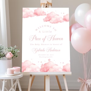 Um Pedacinho do Céu Placa de Boas-vindas para Chá de Bebê Rosa - Tema de Nuvem para Meninas Editável - Chá de Bebê para Meninas Download Instantâneo Cartaz de Nuvens Sonhadoras