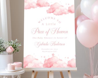 A Little Piece of Heaven Baby Shower Welcome Sign Pink - Editable Girl Cloud Theme - Girl Baby Shower Instant Download Dreamy Clouds Poster