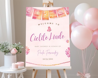 Cielito Lindo Welcome Sign Baby Shower Pink  Baby For Girl Shower Paper Picado Printable Editable Template 4 Different Sizes Mexican Party