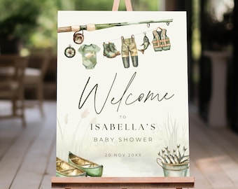 Plantilla editable de letrero de bienvenida para baby shower de Un pequeño pescador es su camino, tema de baby shower verde salvia para niño pescador, pancarta de peces