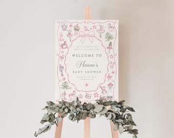 Tis the Season for a Baby Girl Welcome Sign Hand Drawn Grandmillenials, Nutcracker Pink Christmas Baby Shower Banner, Ballet Template