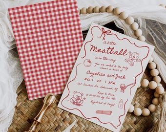 Zaproszenia na baby shower z motywem małych klopsików, edytowalny szablon, ręcznie rysowane włoskie jedzenie do pobrania w wersji cyfrowej