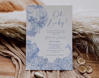 Blue Chinoiserie Baby Shower Invitation, Elegant Editable Template, Floral Safari Animal Themed Invite