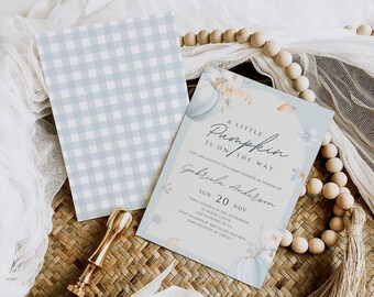 Editable Falling in Love Baby Shower Invitation and Evite | Dusty Blue | Fall in Love Pumpkin Baby Shower Invite | Little Pumpkin on the Way