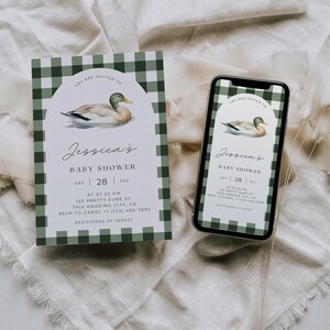 May include: A green and white gingham baby shower invitation with a watercolor illustration of a duck. The invitation includes the text "Jessica's Baby Shower" and the date "Sat 28 Jul".