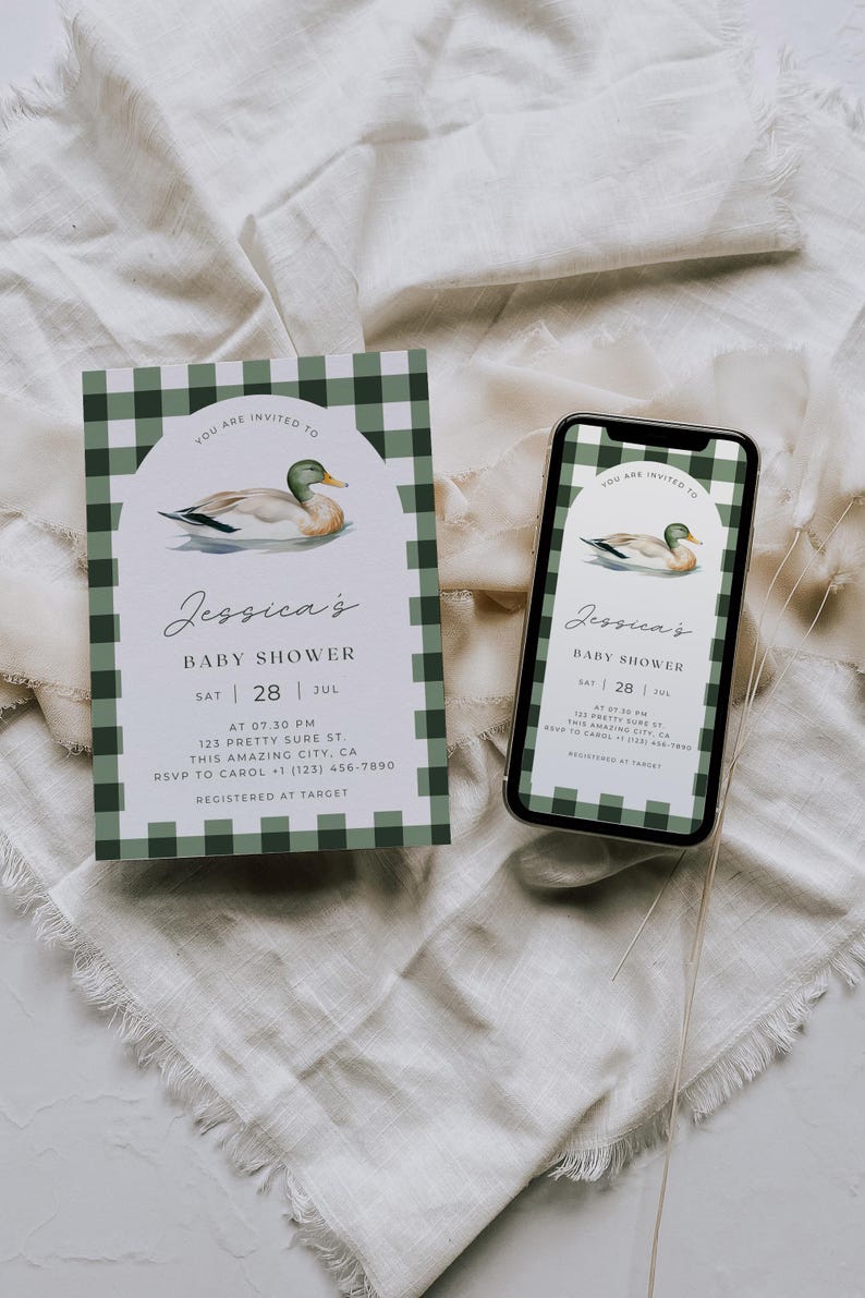 May include: A green and white gingham baby shower invitation with a watercolor illustration of a duck. The invitation includes the text "Jessica's Baby Shower" and the date "Sat 28 Jul".