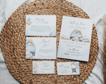 Editable Falling in Love Baby Shower Invitation Set Bundle | Dusty Blue | Fall in Love Pumpkin Baby Shower Invite Little Pumpkin on the Way
