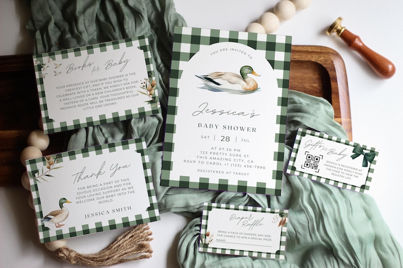 May include: Green and white gingham baby shower invitation with a watercolor illustration of a duck. The invitation includes the text "You are invited to Jessica's Baby Shower" and the date and time of the event.