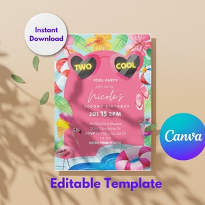 Editable Two Cool Birthday Party Invitation Summer Girly 2nd Birthday Party Pool Party Birthday Instant Download Tropical Splish Splash