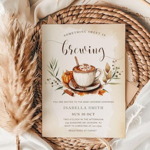 Gender Neutral | A Baby Is Brewing Invite | Digital Evite | Something Sweet | Coffee Pumpkin and Coffee Invitation Template |
