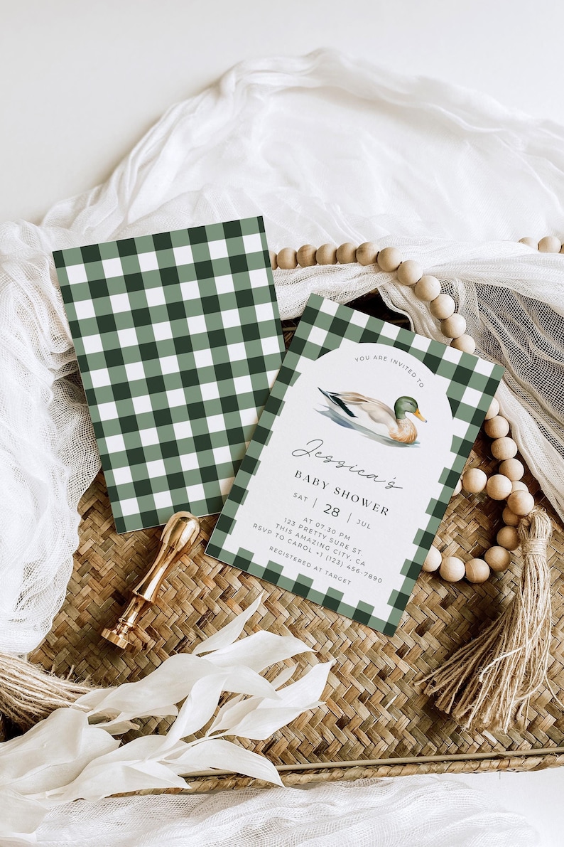 May include: A green and white gingham baby shower invitation with a watercolor illustration of a duck. The invitation includes the text "You are invited to Jessica's Baby Shower" and the date "Sat 28 Jul".