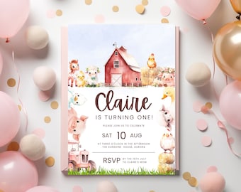 Invitación de cumpleaños de granja rosa editable, invitación de cumpleaños de animales de granja, cumpleaños de corral de niñas, granja de niñas, animales de corral florales, Canva