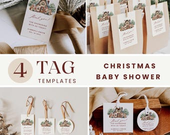 Op de afbeelding: Kerst baby shower tag sjablonen. De tags hebben een aquarel illustratie van een huis met bomen. De tekst op de tags luidt "Thank you! For showering with us today!" en bevat een naam en datum. De afbeelding toont ook bruine papieren zakken.