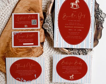 Editable Rocking Horse Vintage Style Invitation - Baby Shower Invite Digital Template - Instant Download - Vintage Wooden Horse Red