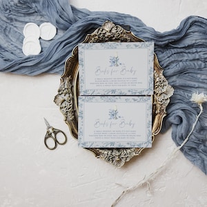 Modèle de livres de baby shower pour le thé de l'après-midi pour le grand millénaire toile de Jouy bleu - carte numérique modifiable - thé avec la future maman floral
