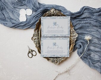 Afternoon Tea Baby Shower Books for Baby Template Grandmilennial Toile de Jouy Blue  - Editable Digital Card - Tea with the Mom to Be Floral
