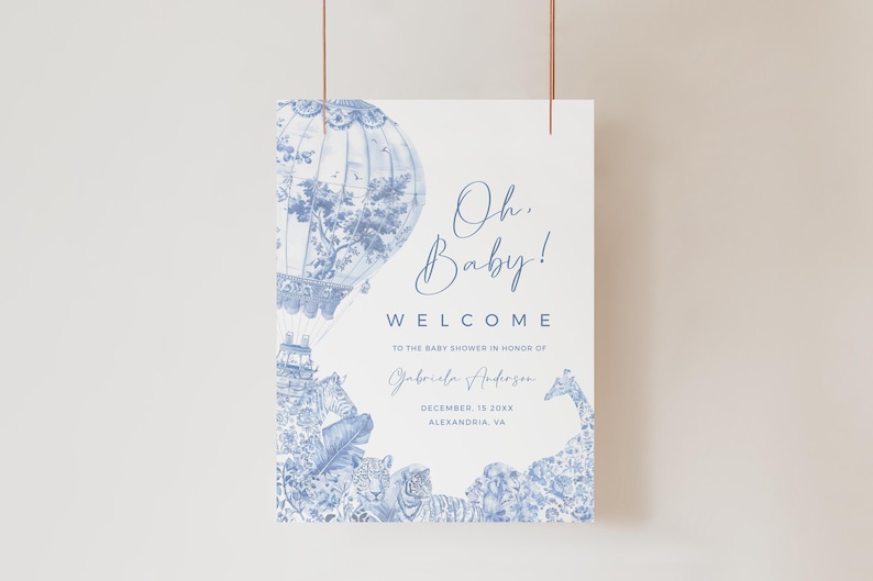 May include: A blue and white baby shower welcome sign with a hot air balloon, animals, and the text "Oh Baby! Welcome to the baby shower in honor of Gabriela Anderson December 18 20XX Alexandria, VA"