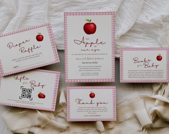 Edytowalne zaproszenie na baby shower „The Apple of Our Eyes” | Zaproszenia na imprezę Apple Party | Zaproszenie na loterię pieluchową „Thank You Apple Picking” Jesienny baby shower