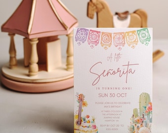 May include: A colourful invitation for a first birthday party featuring a cactus, llama and guitar. The invitation reads "A Little Señorita is Turning One! Sun 30 Oct. Please join us to celebrate Mia's birthday at three o'clock in the afternoon at Jumping House, Hampton VA. RSVP by Oct 20 to XXX-XXXX."