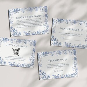 Editável toile de jouy azul cartão de chá de bebê pacote elegante chinoiserie azul floral chá de bebê azul francês toile modelo imprimível ch01