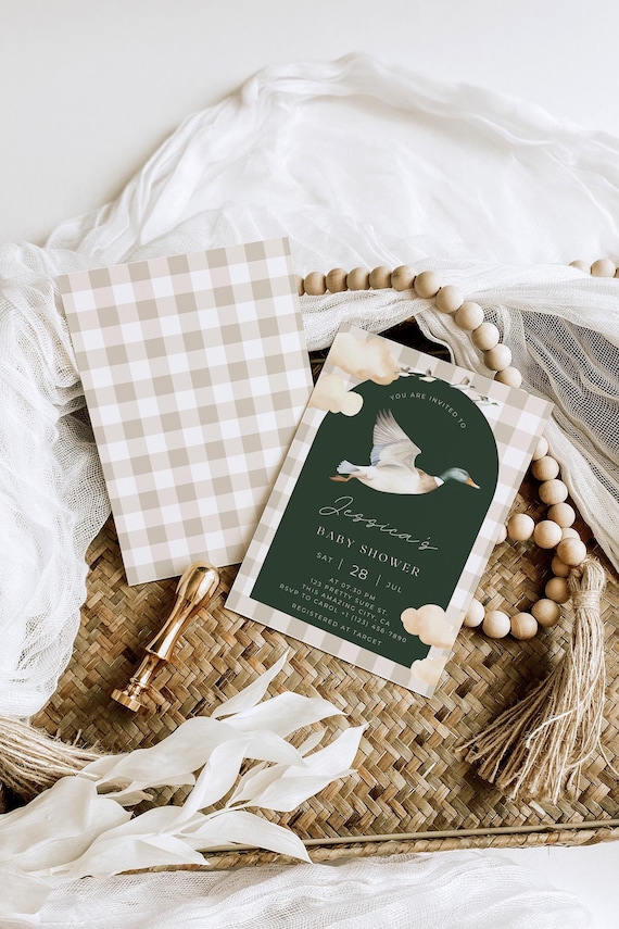 Editable Mallard Duck Green Gingham Baby Shower Invitation | Elegant Classic Gingham Boy Evite | Duck Hunting Baby Shower Invite